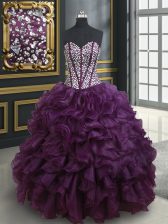  Dark Purple Sweetheart Lace Up Beading and Ruffles 15th Birthday Dress Sleeveless