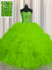  Visible Boning Sleeveless Floor Length Beading and Ruffles and Sequins Lace Up Quinceanera Dresses