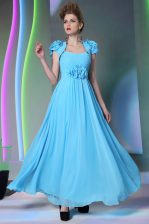 Romantic Sweetheart Cap Sleeves Chiffon Prom Party Dress Beading and Hand Made Flower Zipper