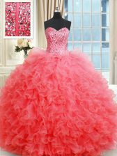  Ball Gowns Ball Gown Prom Dress Coral Red Sweetheart Organza Sleeveless Floor Length Lace Up