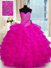  Beading and Ruffled Layers Ball Gown Prom Dress Fuchsia Lace Up Sleeveless Floor Length