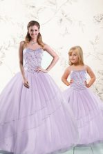 Latest Sleeveless Floor Length Beading Lace Up Quinceanera Gowns with Lavender