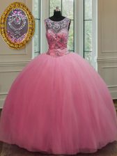  Scoop Rose Pink Tulle Lace Up 15th Birthday Dress Sleeveless Floor Length Beading