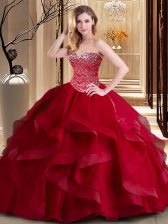 Fabulous Wine Red Sleeveless Beading and Ruffles Floor Length Sweet 16 Quinceanera Dress