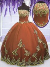  Floor Length Zipper Sweet 16 Dresses Rust Red for Military Ball and Sweet 16 and Quinceanera with Appliques