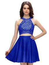 Pretty Scoop Sleeveless Dress for Prom Mini Length Beading Royal Blue Taffeta