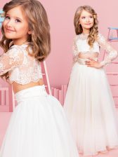 Noble White Empire Scoop Long Sleeves Chiffon Floor Length Clasp Handle Lace Flower Girl Dresses