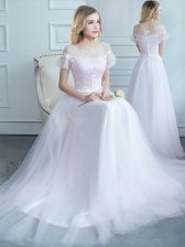 Best Selling Scoop Lace and Belt Court Dresses for Sweet 16 White Lace Up Short Sleeves Sweep Train