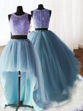 Wonderful Three Piece Scoop Baby Blue Sleeveless Brush Train Beading and Lace and Ruffles With Train Sweet 16 Quinceanera Dress