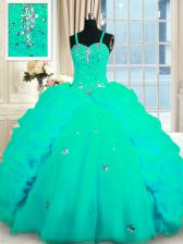  Turquoise Ball Gowns Organza Spaghetti Straps Sleeveless Beading and Ruffles With Train Lace Up Quinceanera Dresses Sweep Train