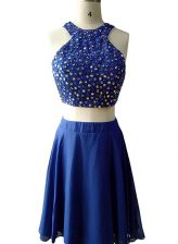  Scoop Sleeveless Prom Party Dress Knee Length Beading Blue Chiffon