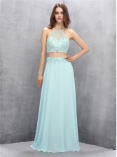 Exceptional Light Blue Zipper Halter Top Beading Prom Evening Gown Chiffon Sleeveless