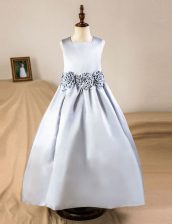 Luxury Floor Length Zipper Flower Girl Dresses Silver for Party and Wedding Party with Hand Made Flower