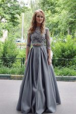  Scoop Grey 3 4 Length Sleeve Satin Zipper Prom Dresses for Prom