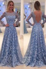  Blue Scoop Neckline Lace Prom Gown Long Sleeves Backless