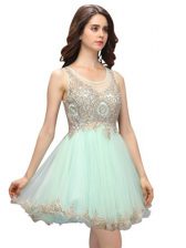 Low Price Scoop Mini Length Apple Green Prom Dress Organza Sleeveless Beading and Appliques