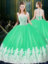 High End Scoop Tulle Sleeveless Floor Length Quince Ball Gowns and Lace and Appliques