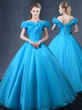 Cheap Off the Shoulder Tulle Cap Sleeves Floor Length Sweet 16 Quinceanera Dress and Appliques