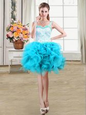  Straps Baby Blue Sleeveless Mini Length Beading and Lace and Ruffles Lace Up Evening Dress