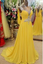  Yellow Backless Scoop Appliques Prom Gown Organza Sleeveless Brush Train