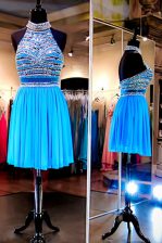  Halter Top Knee Length Baby Blue Prom Evening Gown Tulle Sleeveless Beading