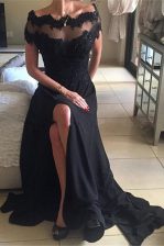  Chiffon Off The Shoulder Short Sleeves Sweep Train Backless Beading and Lace Prom Gown in Black
