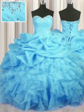  Baby Blue Ball Gowns Sweetheart Sleeveless Organza Floor Length Lace Up Beading and Ruffles and Ruching and Pick Ups Quinceanera Dress