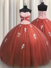  Sweetheart Sleeveless Lace Up Quinceanera Dresses Rust Red Tulle