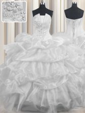 Inexpensive Strapless Sleeveless Quince Ball Gowns Floor Length Beading and Ruffled Layers and Pick Ups White Organza