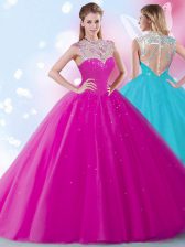 Affordable Scoop Sequins High-neck Sleeveless Zipper Quinceanera Dresses Fuchsia Tulle