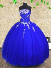 Royal Blue Tulle Lace Up Sweet 16 Dress Sleeveless Floor Length Appliques and Ruching