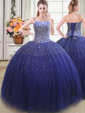Sexy Royal Blue Tulle Lace Up Quinceanera Dresses Sleeveless Floor Length Beading