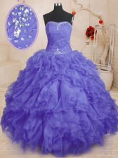 Spectacular Purple Lace Up Strapless Beading and Ruffles and Ruching Sweet 16 Dress Organza Sleeveless