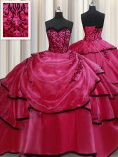 Custom Made Red Ball Gowns Beading and Appliques and Ruffled Layers 15 Quinceanera Dress Lace Up Satin Sleeveless Floor Length