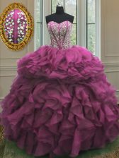 Low Price Beading and Ruffles Sweet 16 Quinceanera Dress Fuchsia Lace Up Sleeveless Floor Length