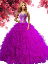 Simple Sleeveless Floor Length Beading and Ruffles Lace Up Quinceanera Gowns with Fuchsia