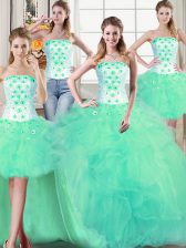 Four Piece Tulle Strapless Sleeveless Lace Up Beading and Appliques and Ruffles 15 Quinceanera Dress in Turquoise