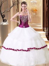 Trendy White Ball Gowns Strapless Sleeveless Organza Floor Length Lace Up Beading Quinceanera Gown
