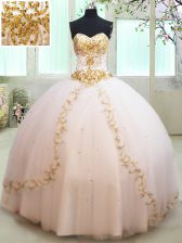  White Tulle Lace Up Ball Gown Prom Dress Sleeveless Floor Length Beading and Appliques