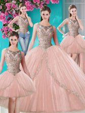 Stylish Four Piece Scoop Floor Length Ball Gowns Sleeveless Peach 15th Birthday Dress Lace Up