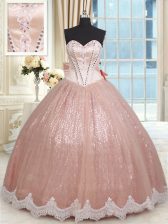  Peach Ball Gowns Sweetheart Sleeveless Tulle Floor Length Lace Up Beading and Lace and Bowknot Quinceanera Dress