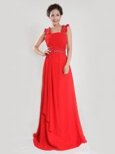  Chiffon Straps Sleeveless Zipper Beading and Ruching Prom Dress in Coral Red