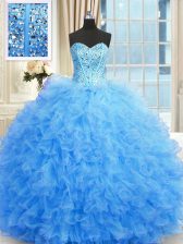 Sophisticated Floor Length Lace Up Ball Gown Prom Dress Baby Blue for Military Ball and Sweet 16 and Quinceanera with Beading and Ruffles