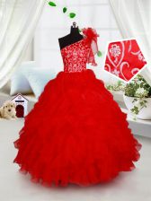  One Shoulder Red Ball Gowns Beading and Ruffles and Hand Made Flower Little Girls Pageant Gowns Lace Up Organza Sleeveless Floor Length