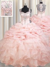  Pink Straps Zipper Beading and Ruffles and Pick Ups Quinceanera Gowns Brush Train Sleeveless