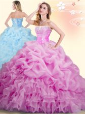  Organza Sleeveless With Train Sweet 16 Quinceanera Dress Brush Train and Beading and Ruffles and Pick Ups
