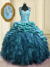 Great Teal Cap Sleeves Brush Train Beading and Ruffles and Pick Ups With Train Sweet 16 Dresses