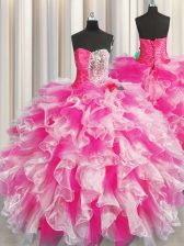 Pink And White Ball Gowns Sweetheart Sleeveless Organza Floor Length Lace Up Beading and Ruffles and Ruching Vestidos de Quinceanera