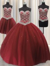 Fantastic Three Piece Burgundy Ball Gowns Tulle Sweetheart Sleeveless Beading and Sequins Floor Length Lace Up Quinceanera Dresses