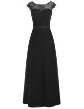  Scoop Floor Length A-line Cap Sleeves Black Prom Gown Zipper